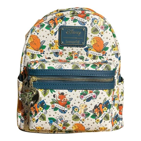 LOUNGEFLY Backpack White Disney Lion King Tattoo Charm Pumba Simba Scar Tropical - Picture 7 of 7